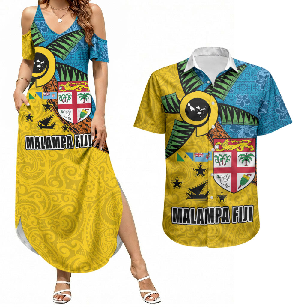 Malampa Fiji Day Couples Matching Summer Maxi Dress and Hawaiian Shirt Tapa and Melanesian Patterns with Coat of Arms LT03 Multicolor - Polynesian Pride