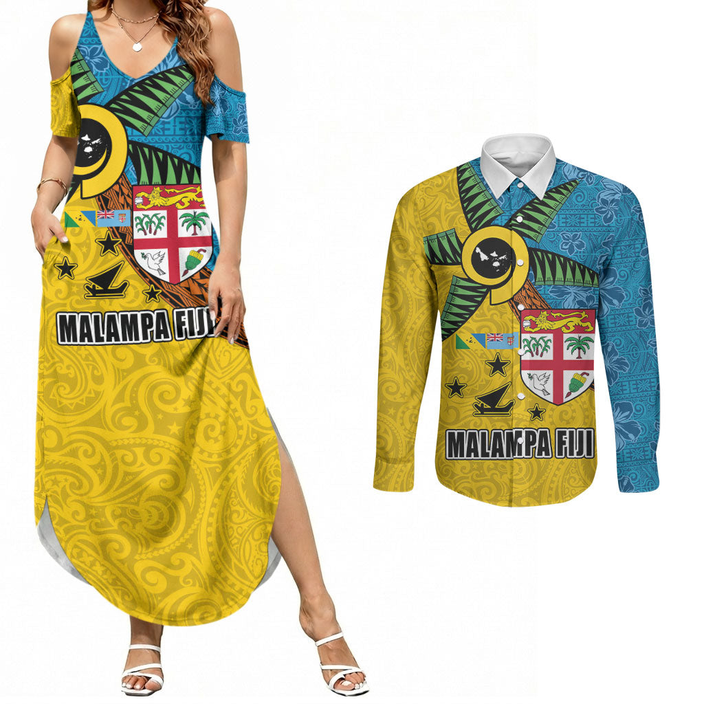 Malampa Fiji Day Couples Matching Summer Maxi Dress and Long Sleeve Button Shirt Tapa and Melanesian Patterns with Coat of Arms LT03 Multicolor - Polynesian Pride