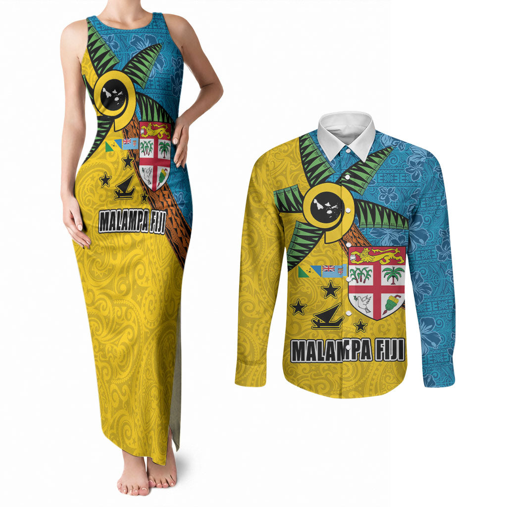 Malampa Fiji Day Couples Matching Tank Maxi Dress and Long Sleeve Button Shirt Tapa and Melanesian Patterns with Coat of Arms LT03 Multicolor - Polynesian Pride