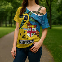 Malampa Fiji Day Cross Shoulder Shirt Tapa and Melanesian Patterns with Coat of Arms LT03 - Polynesian Pride