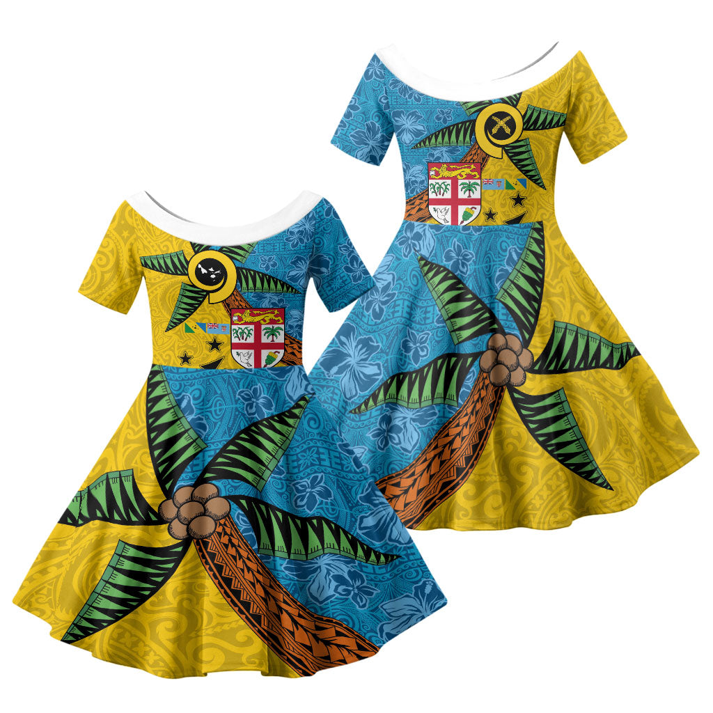 Malampa Fiji Day Family Matching Off Shoulder Short Dress and Hawaiian Shirt Tapa and Melanesian Patterns with Coat of Arms LT03 Daughter's Dress Multicolor - Polynesian Pride
