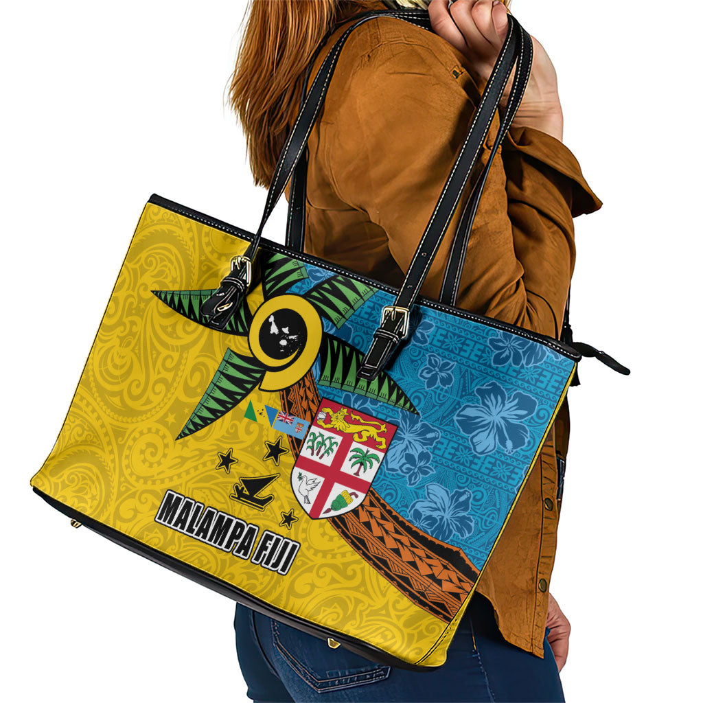 Malampa Fiji Day Leather Tote Bag Tapa and Melanesian Patterns with Coat of Arms LT03 - Polynesian Pride