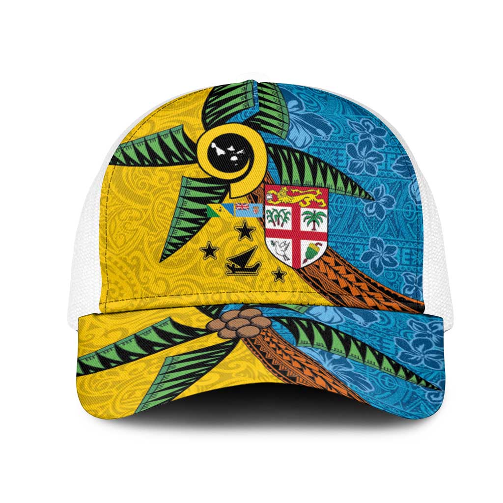 Malampa Fiji Day Mesh Trucker Cap Tapa and Melanesian Patterns with Coat of Arms LT03 One Size White Multicolor - Polynesian Pride