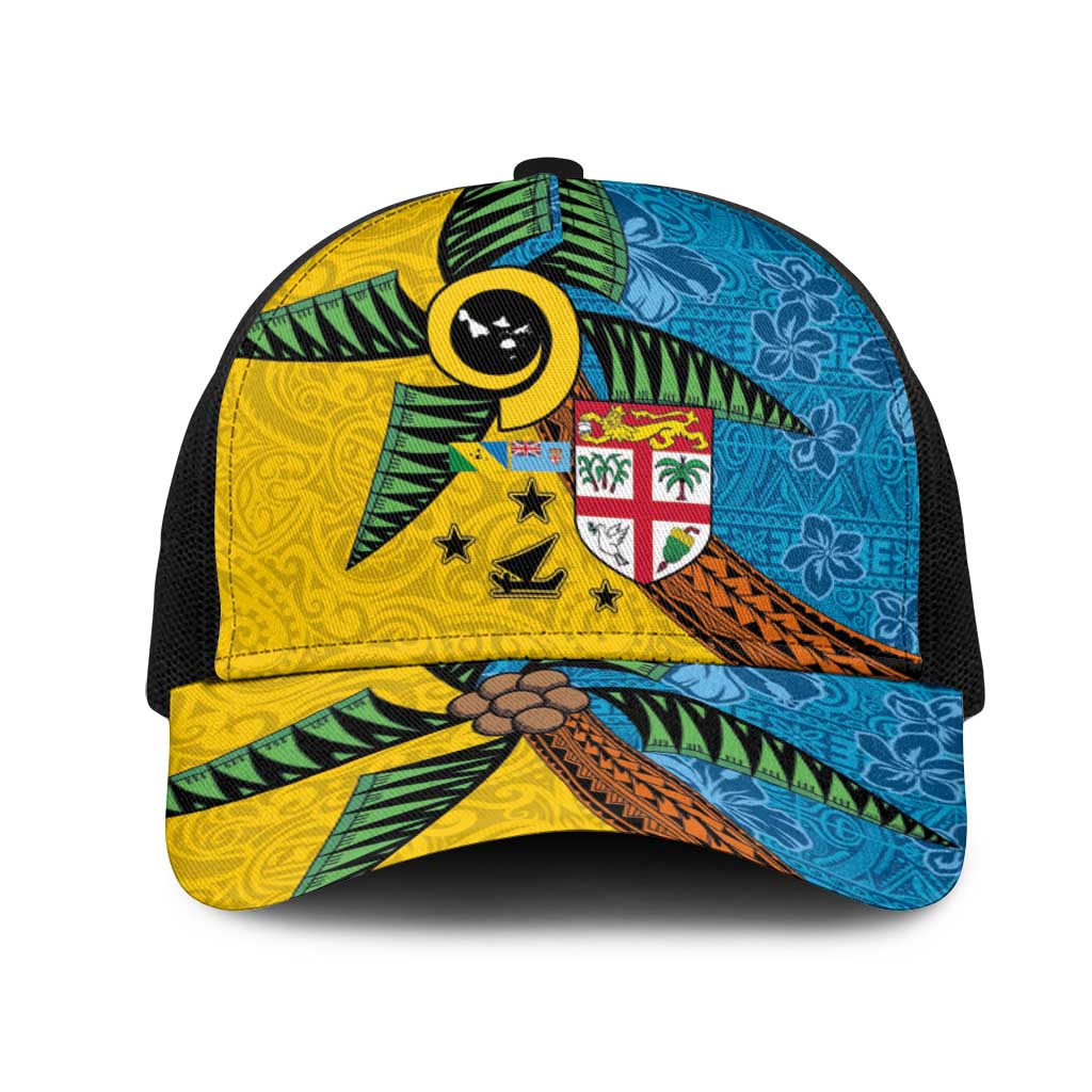 Malampa Fiji Day Mesh Trucker Cap Tapa and Melanesian Patterns with Coat of Arms LT03 One Size Black Multicolor - Polynesian Pride