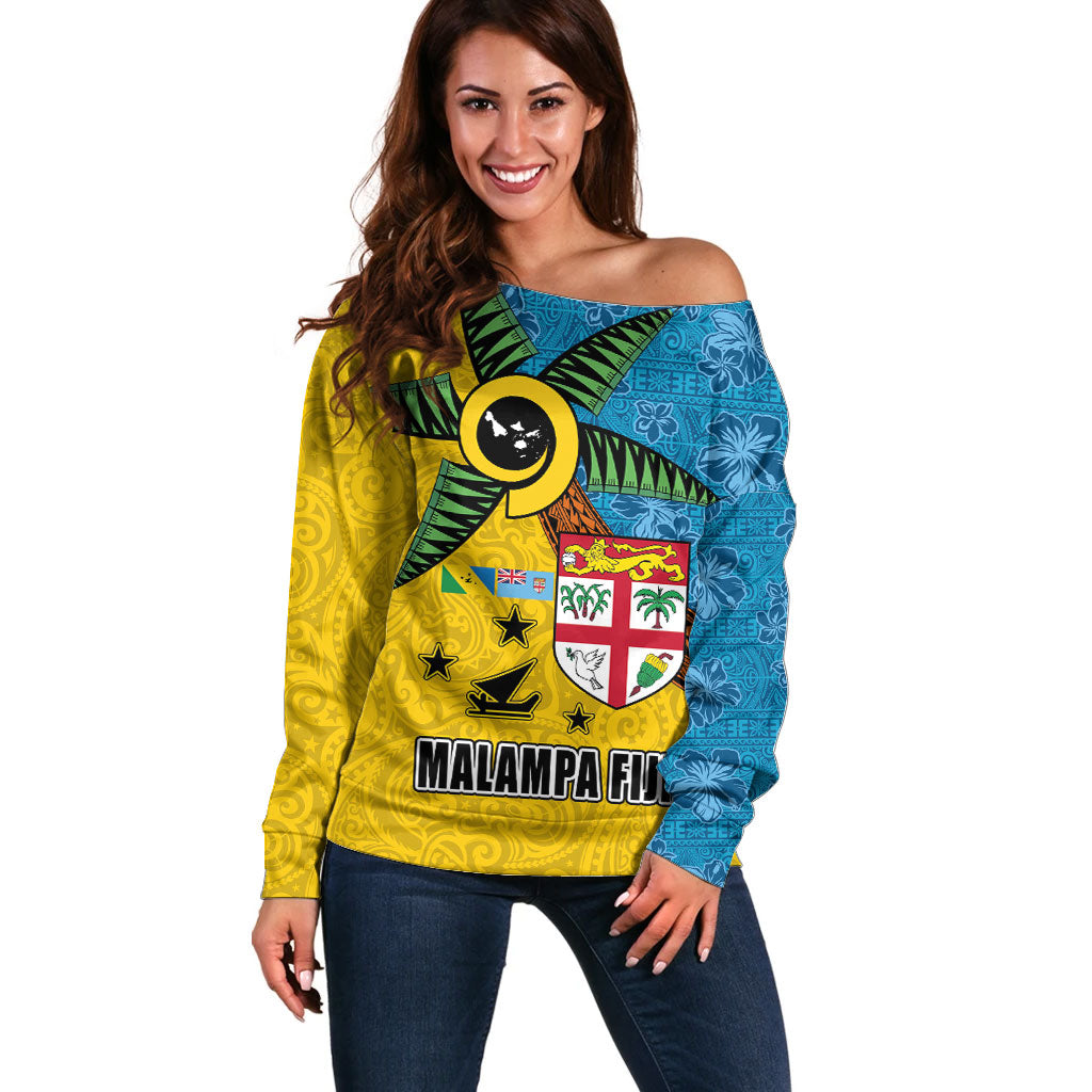 Malampa Fiji Day Off Shoulder Sweater Tapa and Melanesian Patterns with Coat of Arms LT03 Women Multicolor - Polynesian Pride