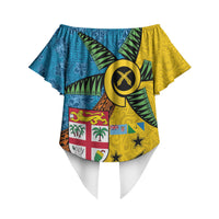 Malampa Fiji Day Off Shoulder Wrap Waist Top Tapa and Melanesian Patterns with Coat of Arms LT03 - Polynesian Pride