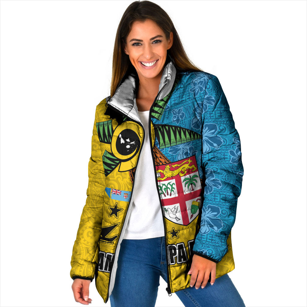 Malampa Fiji Day Padded Jacket Tapa and Melanesian Patterns with Coat of Arms LT03 Women Multicolor - Polynesian Pride