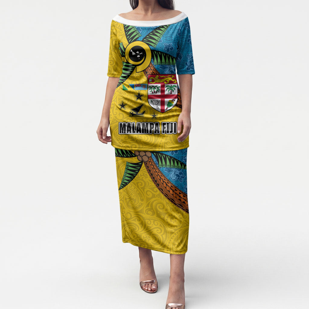 Malampa Fiji Day Puletasi Tapa and Melanesian Patterns with Coat of Arms LT03 Long Dress Multicolor - Polynesian Pride