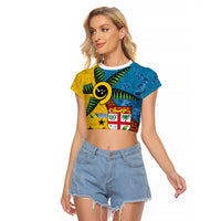 Malampa Fiji Day Raglan Cropped T Shirt Tapa and Melanesian Patterns with Coat of Arms LT03 Female Multicolor - Polynesian Pride