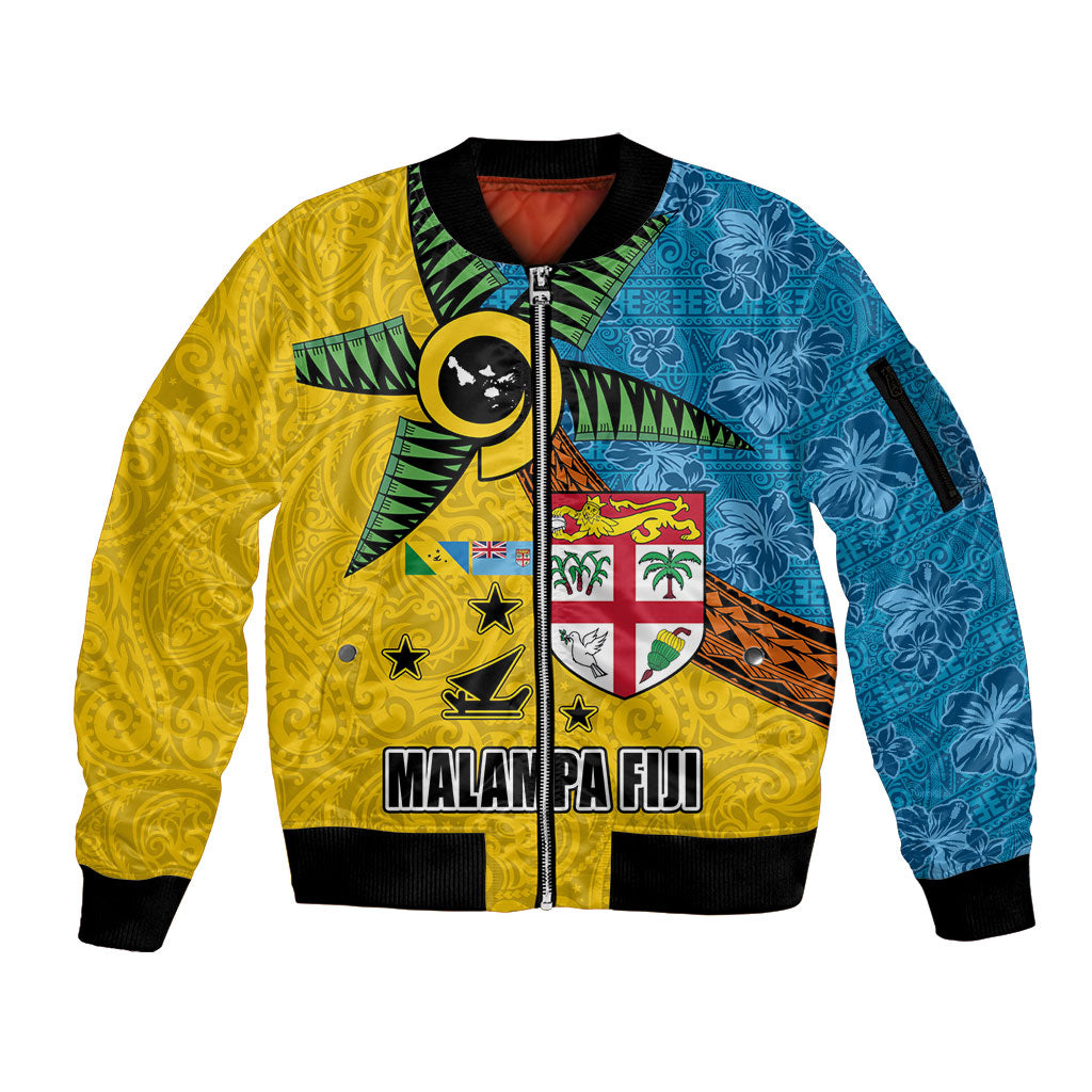 Malampa Fiji Day Sleeve Zip Bomber Jacket Tapa and Melanesian Patterns with Coat of Arms LT03 Unisex Multicolor - Polynesian Pride