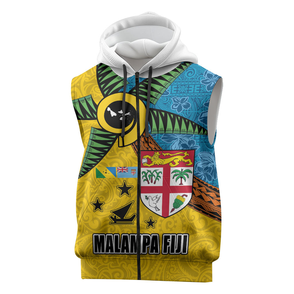 Malampa Fiji Day Sleeveless Zip Hoodie Tapa and Melanesian Patterns with Coat of Arms LT03 Multicolor - Polynesian Pride