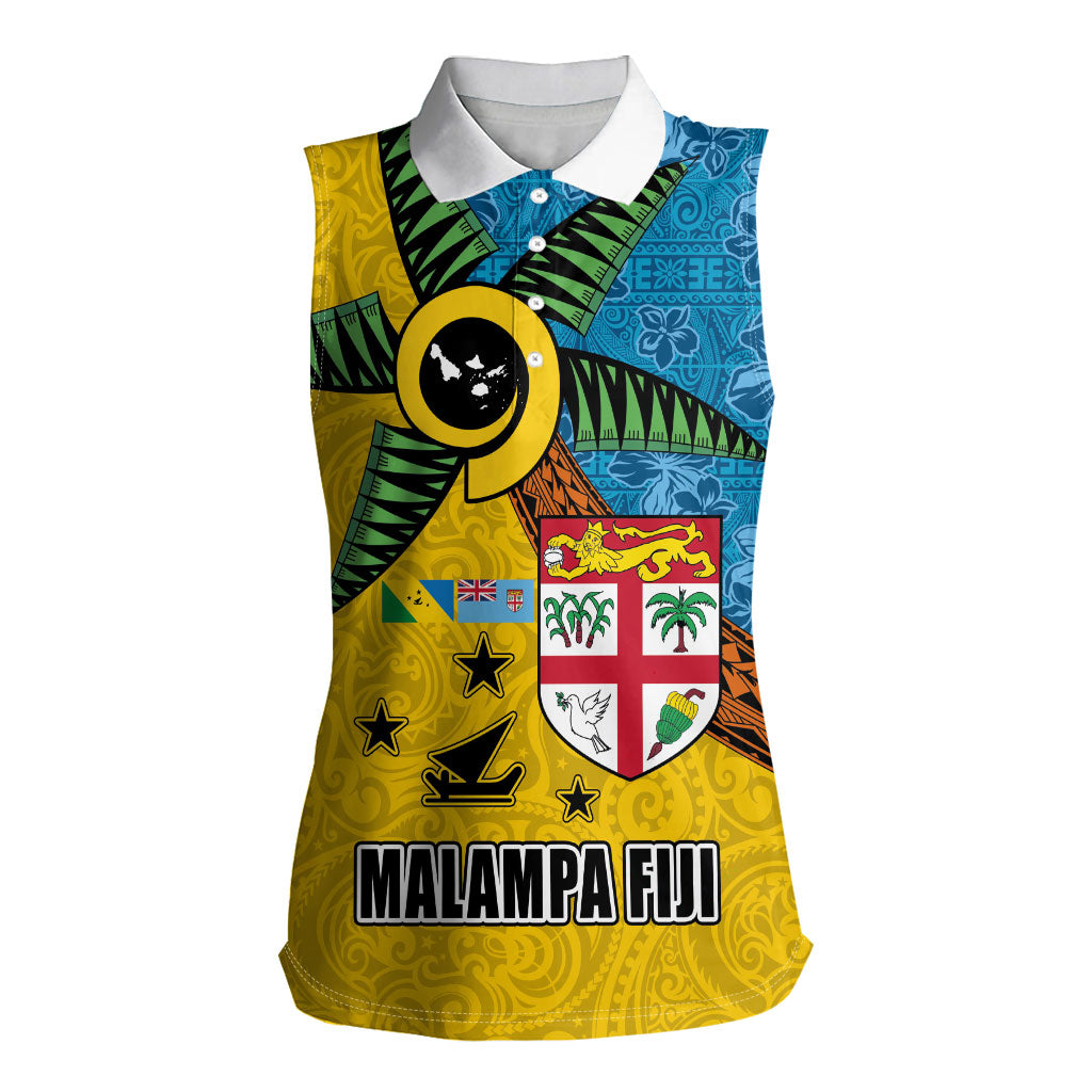 Malampa Fiji Day Women Sleeveless Polo Shirt Tapa and Melanesian Patterns with Coat of Arms LT03 Female Multicolor - Polynesian Pride