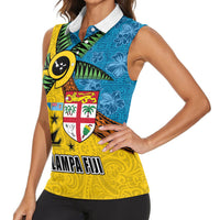 Malampa Fiji Day Women Sleeveless Polo Shirt Tapa and Melanesian Patterns with Coat of Arms LT03 - Polynesian Pride