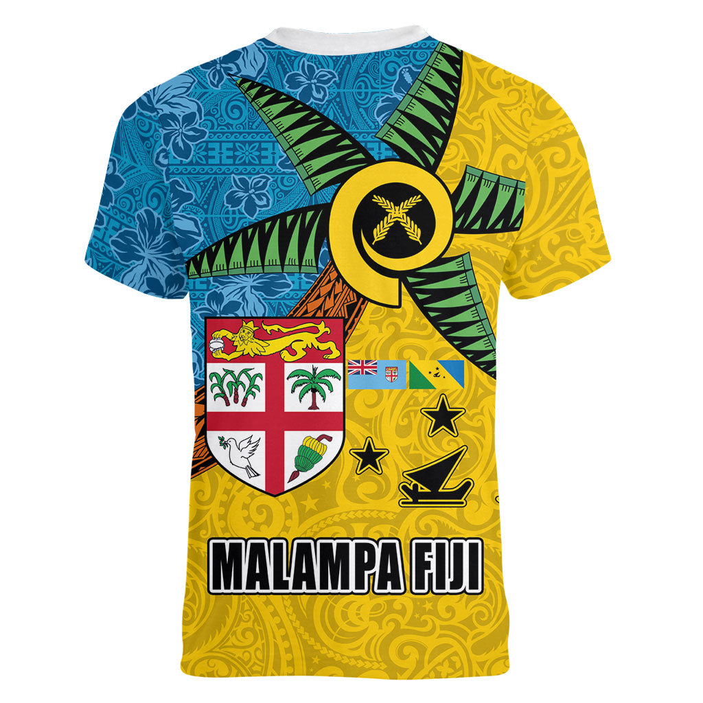 Malampa Fiji Day Women V-Neck T-Shirt Tapa and Melanesian Patterns with Coat of Arms LT03 - Polynesian Pride