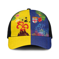 Malampa Fiji Day Baseball Net Cap Volcano and Coral Reef with Culture Patterns Split Style LT03 One Size Black Multicolor - Polynesian Pride