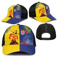 Malampa Fiji Day Baseball Net Cap Volcano and Coral Reef with Culture Patterns Split Style LT03 - Polynesian Pride