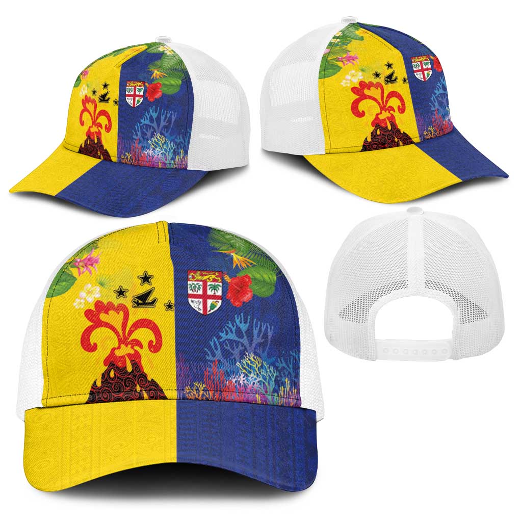 Malampa Fiji Day Baseball Net Cap Volcano and Coral Reef with Culture Patterns Split Style LT03 - Polynesian Pride