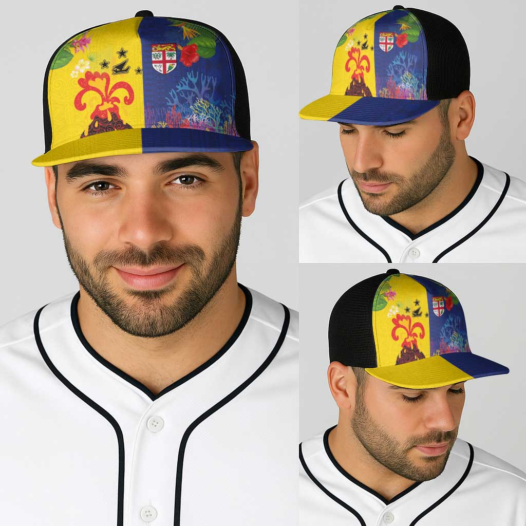 Malampa Fiji Day Baseball Net Cap Volcano and Coral Reef with Culture Patterns Split Style LT03 - Polynesian Pride