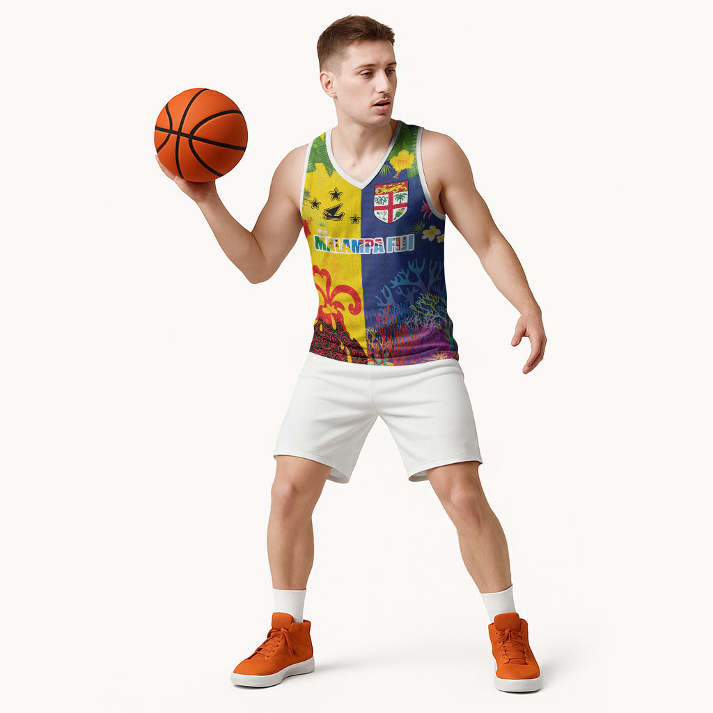 Malampa Fiji Day Basketball Jersey Volcano and Coral Reef with Culture Patterns Split Style LT03 - Polynesian Pride