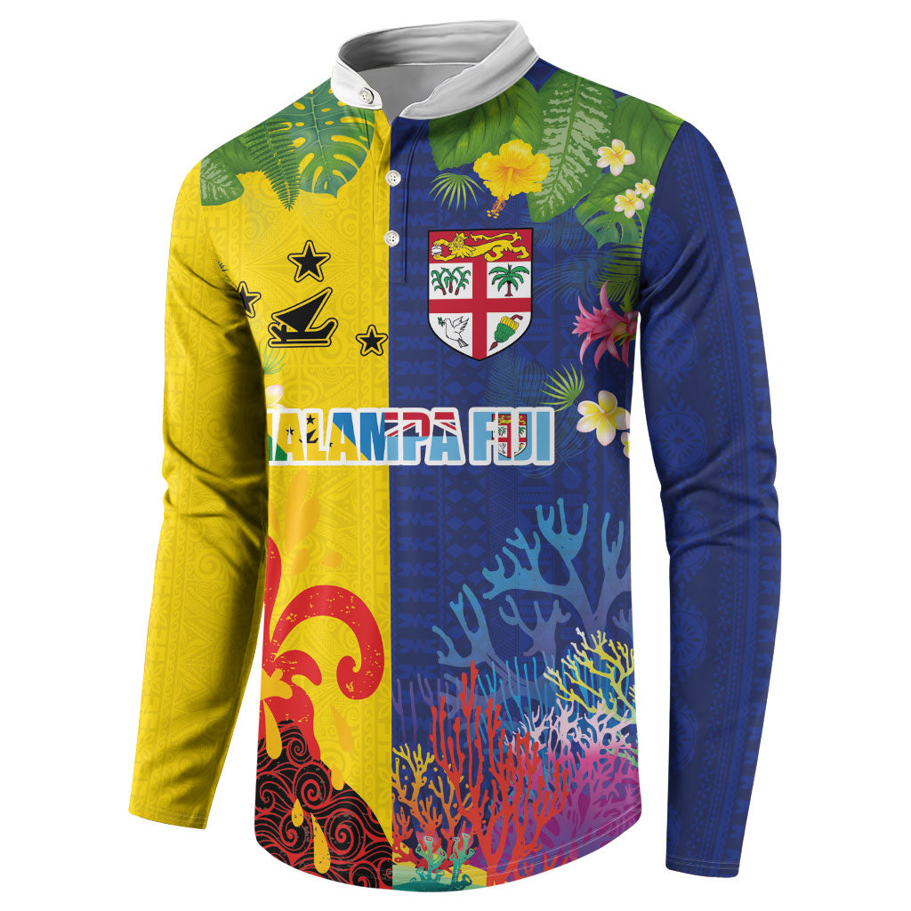 Malampa Fiji Day Button Sweatshirt Volcano and Coral Reef with Culture Patterns Split Style LT03 - Polynesian Pride