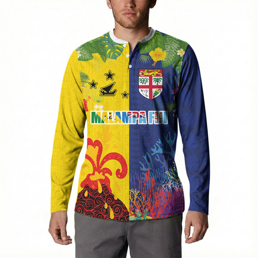 Malampa Fiji Day Button Sweatshirt Volcano and Coral Reef with Culture Patterns Split Style LT03 - Polynesian Pride