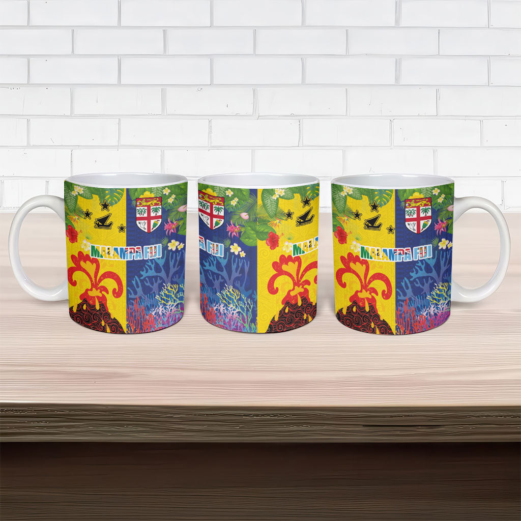 Malampa Fiji Day Ceramic Mug Volcano and Coral Reef with Culture Patterns Split Style LT03 - Polynesian Pride
