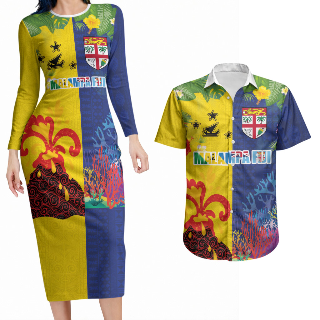 Malampa Fiji Day Couples Matching Long Sleeve Bodycon Dress and Hawaiian Shirt Volcano and Coral Reef with Culture Patterns Split Style LT03 Multicolor - Polynesian Pride