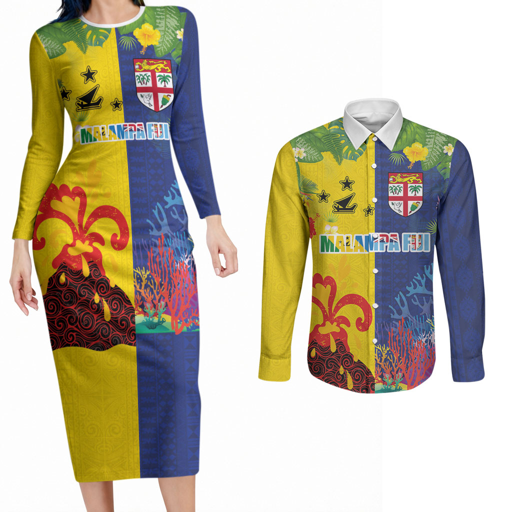 Malampa Fiji Day Couples Matching Long Sleeve Bodycon Dress and Long Sleeve Button Shirt Volcano and Coral Reef with Culture Patterns Split Style LT03 Multicolor - Polynesian Pride
