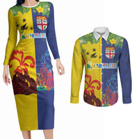 Malampa Fiji Day Couples Matching Long Sleeve Bodycon Dress and Long Sleeve Button Shirt Volcano and Coral Reef with Culture Patterns Split Style LT03 Multicolor - Polynesian Pride
