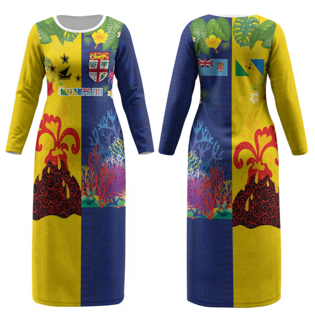 Malampa Fiji Day Couples Matching Long Sleeve Bodycon Dress and Long Sleeve Button Shirt Volcano and Coral Reef with Culture Patterns Split Style LT03 - Polynesian Pride