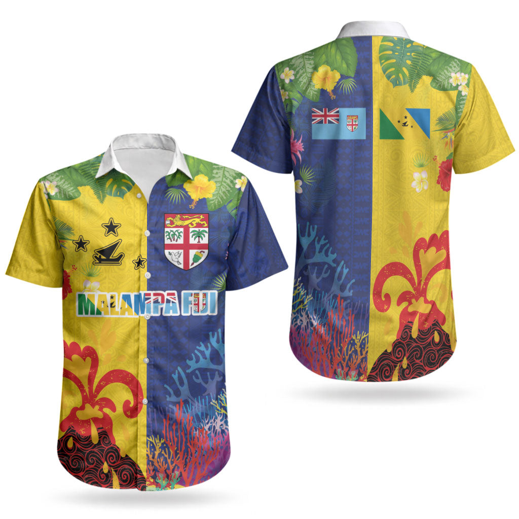 Malampa Fiji Day Couples Matching Off Shoulder Maxi Dress and Hawaiian Shirt Volcano and Coral Reef with Culture Patterns Split Style LT03 - Polynesian Pride