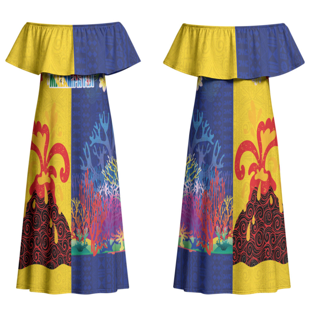 Malampa Fiji Day Couples Matching Off Shoulder Maxi Dress and Hawaiian Shirt Volcano and Coral Reef with Culture Patterns Split Style LT03 - Polynesian Pride