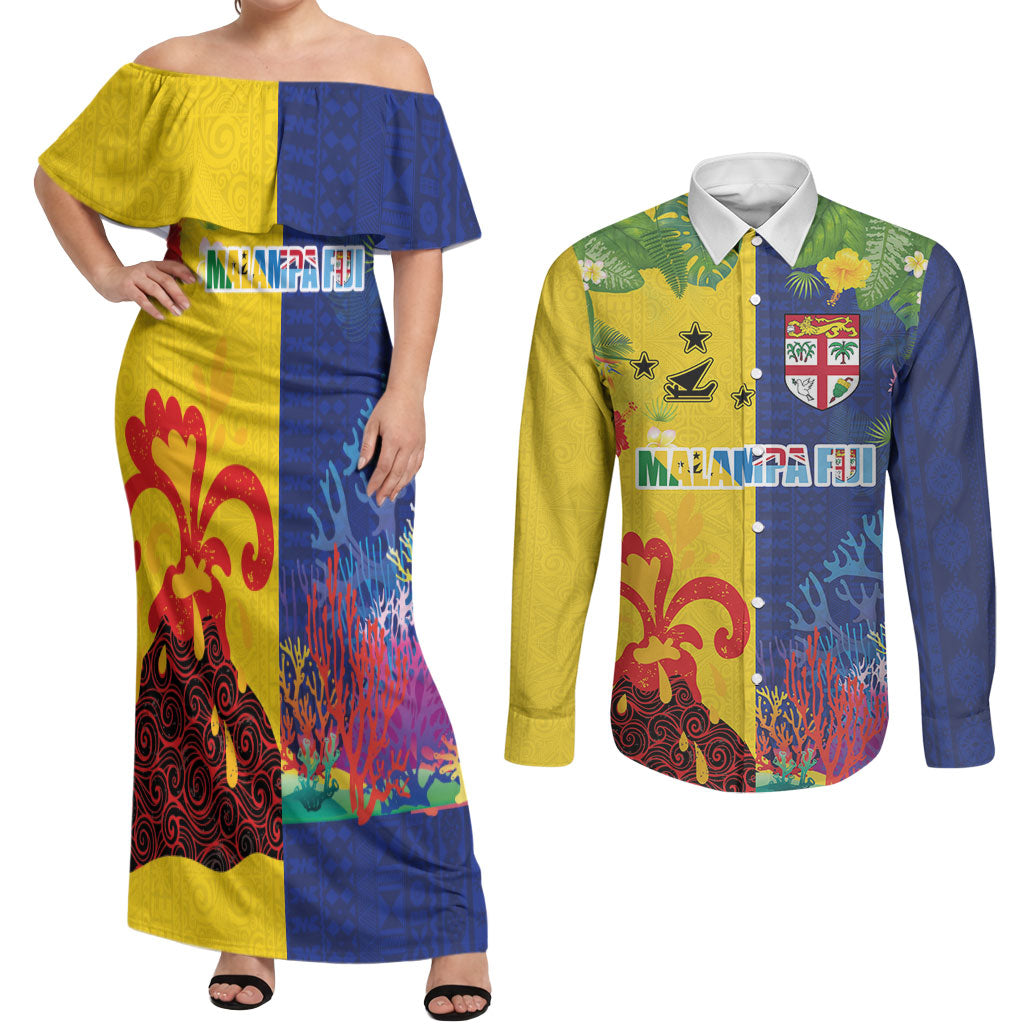 Malampa Fiji Day Couples Matching Off Shoulder Maxi Dress and Long Sleeve Button Shirt Volcano and Coral Reef with Culture Patterns Split Style LT03 Multicolor - Polynesian Pride
