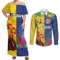 Malampa Fiji Day Couples Matching Off Shoulder Maxi Dress and Long Sleeve Button Shirt Volcano and Coral Reef with Culture Patterns Split Style LT03 Multicolor - Polynesian Pride