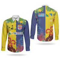 Malampa Fiji Day Couples Matching Off The Shoulder Long Sleeve Dress and Long Sleeve Button Shirt Volcano and Coral Reef with Culture Patterns Split Style LT03 - Polynesian Pride