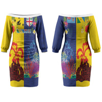 Malampa Fiji Day Couples Matching Off The Shoulder Long Sleeve Dress and Long Sleeve Button Shirt Volcano and Coral Reef with Culture Patterns Split Style LT03 - Polynesian Pride