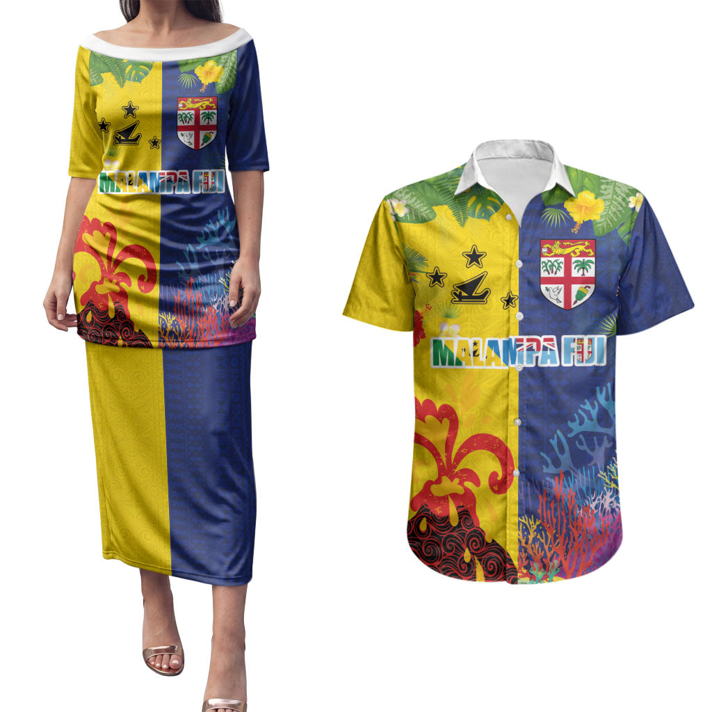 Malampa Fiji Day Couples Matching Puletasi and Hawaiian Shirt Volcano and Coral Reef with Culture Patterns Split Style LT03 Multicolor - Polynesian Pride