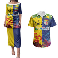 Malampa Fiji Day Couples Matching Puletasi and Hawaiian Shirt Volcano and Coral Reef with Culture Patterns Split Style LT03 Multicolor - Polynesian Pride