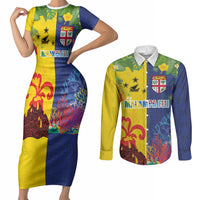 Malampa Fiji Day Couples Matching Short Sleeve Bodycon Dress and Long Sleeve Button Shirt Volcano and Coral Reef with Culture Patterns Split Style LT03 Multicolor - Polynesian Pride