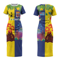 Malampa Fiji Day Couples Matching Short Sleeve Bodycon Dress and Long Sleeve Button Shirt Volcano and Coral Reef with Culture Patterns Split Style LT03 - Polynesian Pride