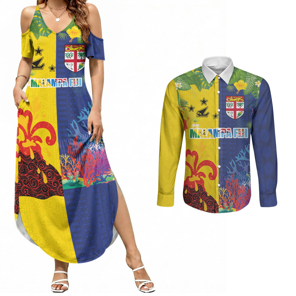 Malampa Fiji Day Couples Matching Summer Maxi Dress and Long Sleeve Button Shirt Volcano and Coral Reef with Culture Patterns Split Style LT03 Multicolor - Polynesian Pride