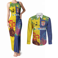 Malampa Fiji Day Couples Matching Tank Maxi Dress and Long Sleeve Button Shirt Volcano and Coral Reef with Culture Patterns Split Style LT03 Multicolor - Polynesian Pride