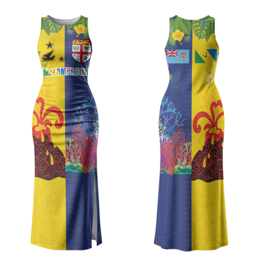 Malampa Fiji Day Couples Matching Tank Maxi Dress and Long Sleeve Button Shirt Volcano and Coral Reef with Culture Patterns Split Style LT03 - Polynesian Pride