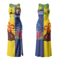 Malampa Fiji Day Couples Matching Tank Maxi Dress and Long Sleeve Button Shirt Volcano and Coral Reef with Culture Patterns Split Style LT03 - Polynesian Pride