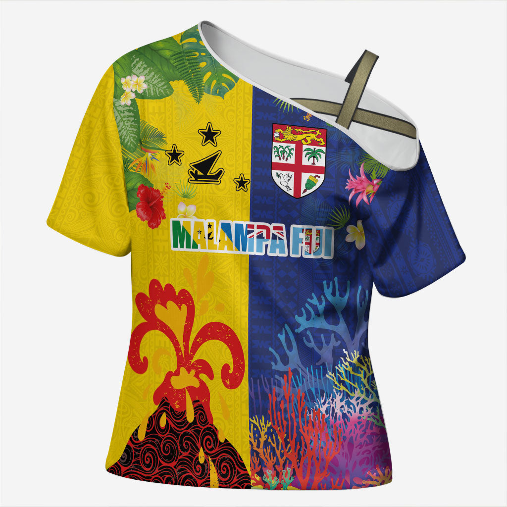 Malampa Fiji Day Cross Shoulder Shirt Volcano and Coral Reef with Culture Patterns Split Style LT03 Female Multicolor - Polynesian Pride