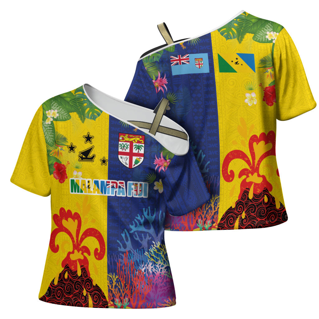 Malampa Fiji Day Cross Shoulder Shirt Volcano and Coral Reef with Culture Patterns Split Style LT03 - Polynesian Pride