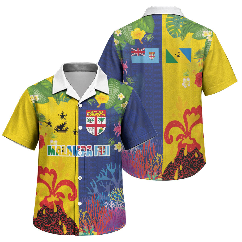Malampa Fiji Day Family Matching Off The Shoulder Long Sleeve Dress and Hawaiian Shirt Volcano and Coral Reef with Culture Patterns Split Style LT03 Son's Shirt Multicolor - Polynesian Pride