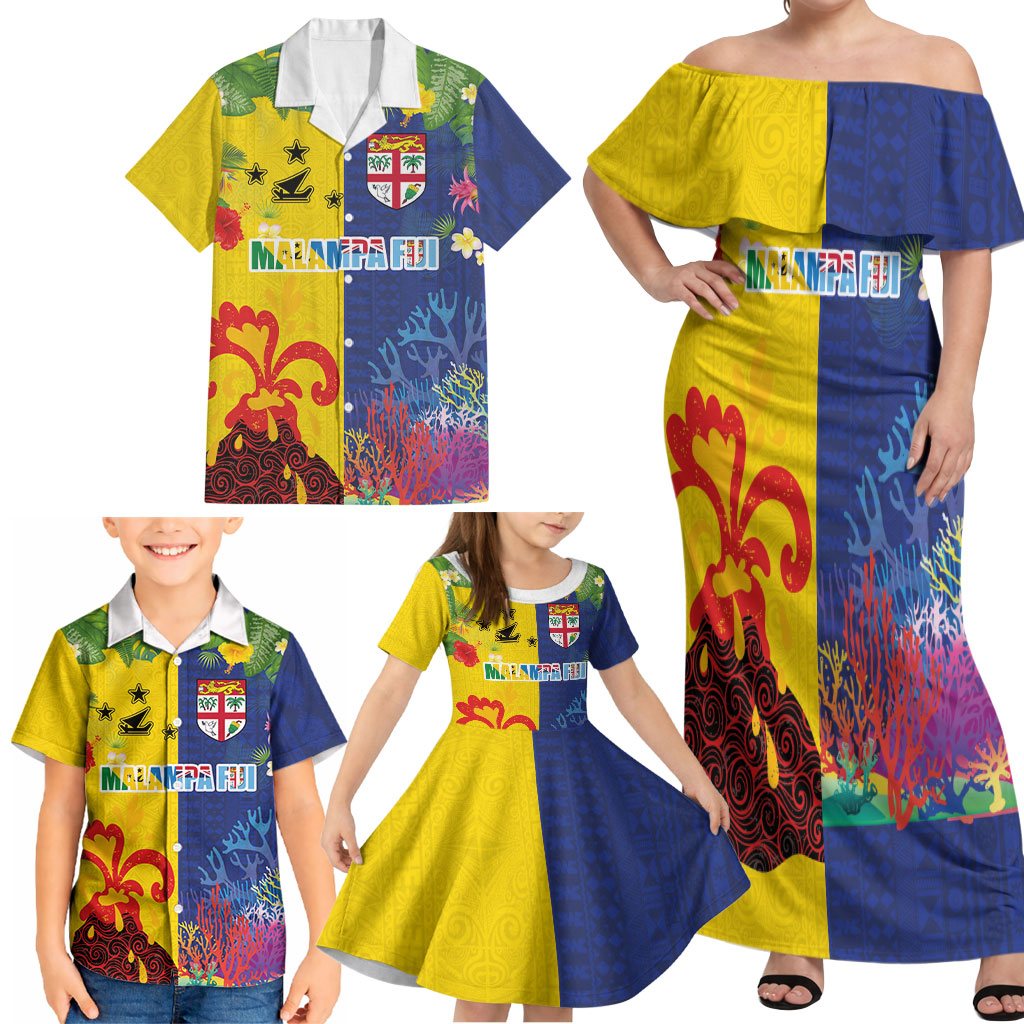 Malampa Fiji Day Family Matching Off Shoulder Maxi Dress and Hawaiian Shirt Volcano and Coral Reef with Culture Patterns Split Style LT03 - Polynesian Pride