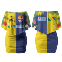 Malampa Fiji Day Family Matching Off Shoulder Short Dress and Hawaiian Shirt Volcano and Coral Reef with Culture Patterns Split Style LT03 Mom's Dress Multicolor - Polynesian Pride