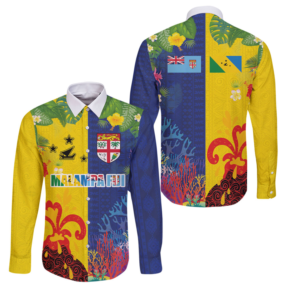 Malampa Fiji Day Family Matching Off Shoulder Short Dress and Hawaiian Shirt Volcano and Coral Reef with Culture Patterns Split Style LT03 Dad's Shirt - Long Sleeve Multicolor - Polynesian Pride